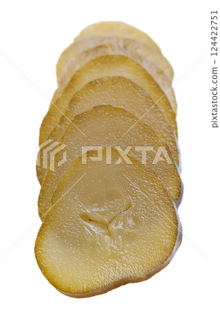 Fresh sliced green pickles isolated over white Fresh sliced green pickles isolated over white 124422751