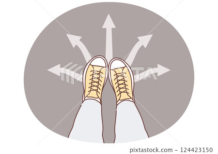 Legs man at crossroads near arrows pointing in different directions, symbolizing uncertainty Legs man at crossroads near arrows pointing in different directions, symbolizing uncertainty 124423150