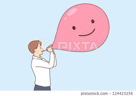 Business man inflates emotional bubble trying to get rid of bad thoughts and improve own mood 124423256