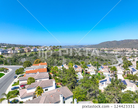 Aerial view houses in Scripps and Poway in San Diego, South California, USA 124423331