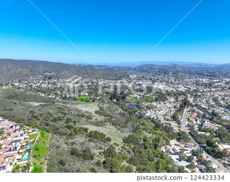 Aerial view houses in Scripps and Poway in San Diego, South California, USA 124423334
