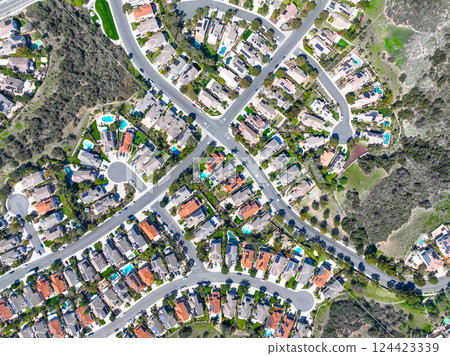 Aerial view houses in Scripps and Poway in San Diego, South California, USA Aerial view houses in Scripps and Poway in San Diego, South California, USA 124423339