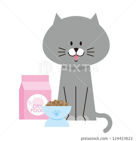 一隻灰貓正在被餵乾貓糧的插圖 124423622