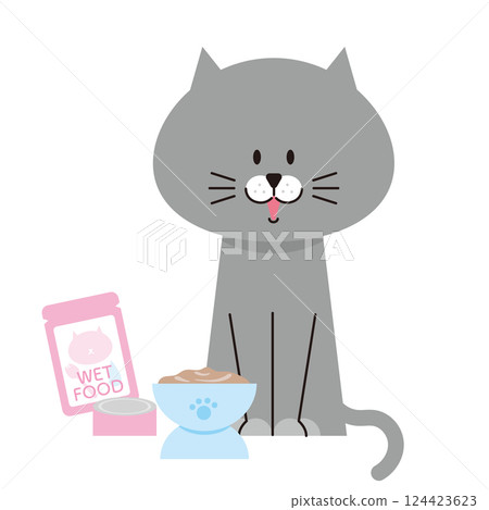 一隻灰貓正在吃濕貓糧的插圖 124423623