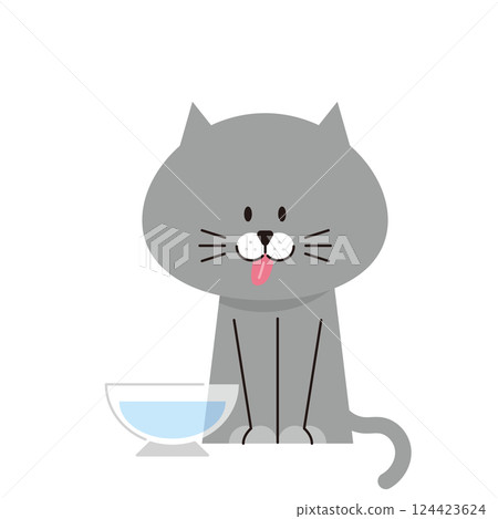 一隻灰貓伸出舌頭喝水的插圖 124423624