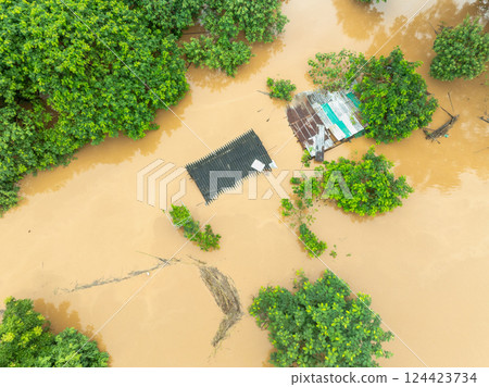 Aerial view of a flood in Southeast asian due to heavy rains and La Nina phenomenon. Aerial view of a flood in Southeast asian due to heavy rains and La Nina phenomenon. 124423734