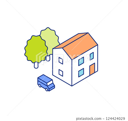Isometric house illustration. Detached house with parking space. 124424029