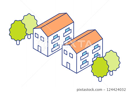 Isometric apartment. Illustration of two two-story houses side by side. 124424032