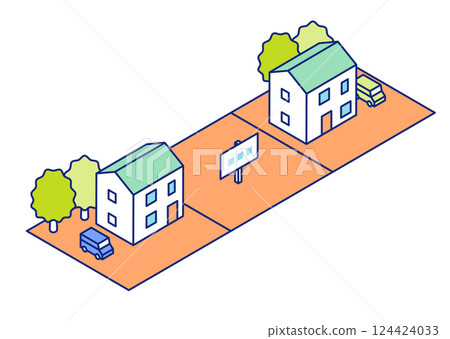 待售住宅區、分區和土地的等距插圖。空置的住宅用地正在出售和行銷。 124424033
