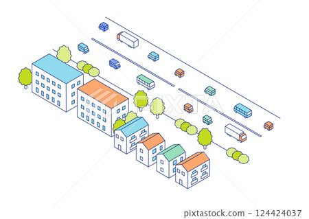 Isometric city and road illustration with busy streets and buildings such as apartments and buildings lining the roads. 124424037