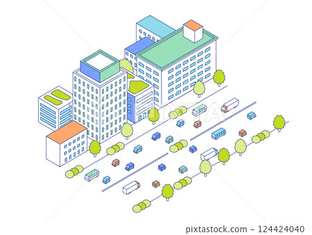 等距城市和道路插圖。道路兩旁林立著繁忙的街道和公寓、辦公室等建築。 等距城市和道路插圖。道路兩旁林立著繁忙的街道和公寓、辦公室等建築。 124424040