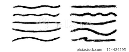 Straight and wavy paint line set. Thin and thick sketch brush stroke collection. Rough charcoal curved stripes for highlight, underline, emphasis. Vector hand drawn long wave crayon chalk strips 124424295