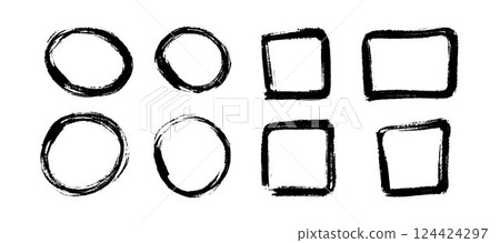 Dry paint stain set. Black grunge ink frame collection. Square and circle brush stroke element pack. Hand drawn charcoal border bundle for poster design, banner, template, text box, collage. Vector Dry paint stain set. Black grunge ink frame collection. Square and circle brush stroke element pack. Hand drawn charcoal border bundle for poster design, banner, template, text box, collage. Vector 124424297