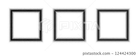Black halftone square frame set. Dotted gradient border collection. Pop art comic picture holders for banner template, copy space, collage, emblem, poster, box. Vector rasterized frame element bundle 124424300