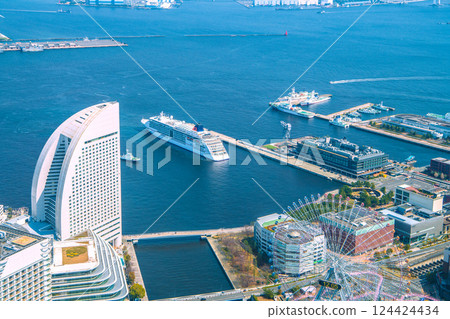 Yokohama cityscape, Japan. First port call. Europa 2 arrives at Yokohama Port. Soon to be docked at Shinko Pier. March 25th. 124424434