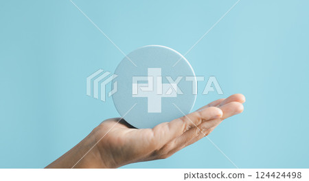 Health care, insurance concept. People hands holding plus and healthcare medical icon, health and access to welfare health. Medical care insurance, and Business healthy concepts. Copy space. 124424498