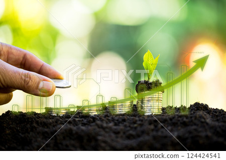 Concept of business growth, finance and investment in green energy. Growing money, finance and investment. Business growth, profit, development and success. Plants increase on nature background. 124424541