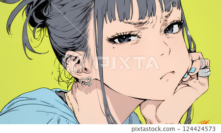 一名年輕女子表情惱怒，嘟著嘴，咂著舌頭 124424573