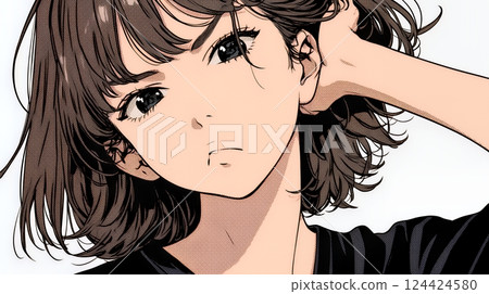 A young woman with an irritated expression, pouting and clicking her tongue 124424580