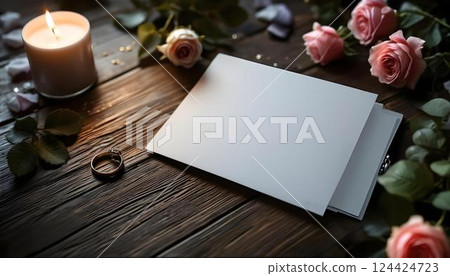 A romantic candlelit setup with elegant roses and blank cards, ideal for intimate moments 124424723