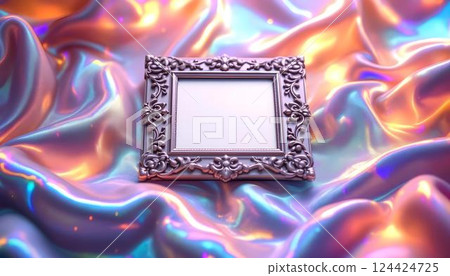 An elegant silver frame is set against an iridescent fabric background with rich colors 124424725