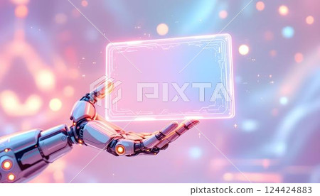 A robotic hand holds a holographic display, reflecting innovation and advanced technology 124424883