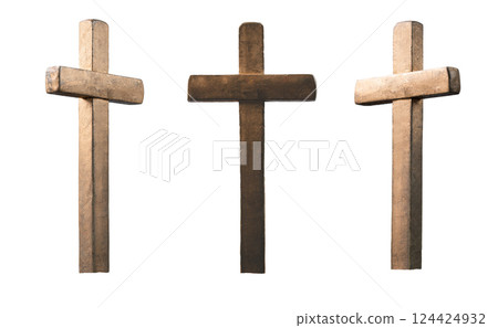 Crucifix on white background. Crucified Jesus Christ, Wooden cross isolated on white background. Christian cross made from natural wood material. Crucifix on white background. Crucified Jesus Christ, Wooden cross isolated on white background. Christian cross made from natural wood material. 124424932
