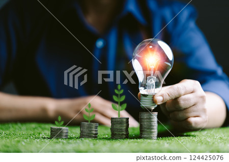 Financial business growth sustainable energy concept. Finance sustainable development. Investing in renewable energy. Showing financial developments and business growth with growing tree on coin. 124425076