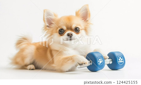 A unique training scene of a Chihuahua cuddling with a dumbbell 124425155