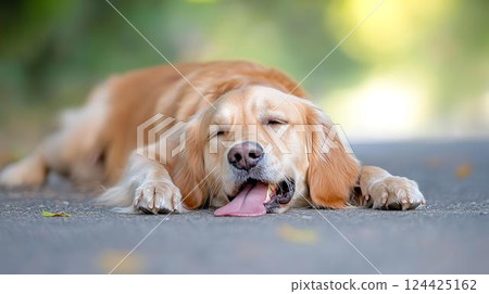 黃金獵犬在炎熱中躺下 黃金獵犬在炎熱中躺下 124425162