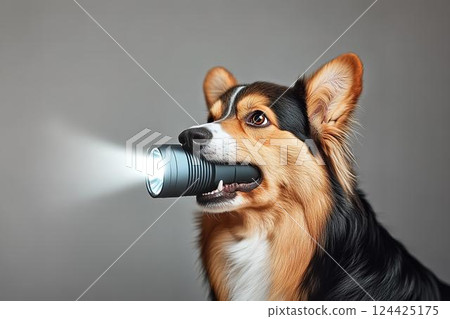 Profile of a Corgi holding a flashlight 124425175