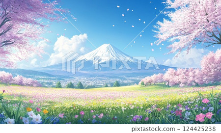 富士山和櫻花的壯麗景色 124425238