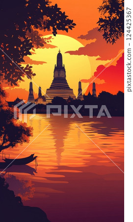 Thai silhouette background featuring Wat Arun and palm trees with a warm gradient sky Thai silhouette background featuring Wat Arun and palm trees with a warm gradient sky 124425367