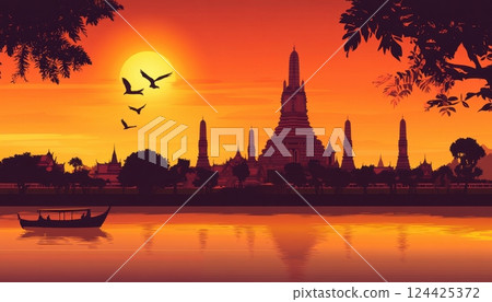 Thai silhouette background featuring Wat Arun and palm trees with a warm gradient sky 124425372