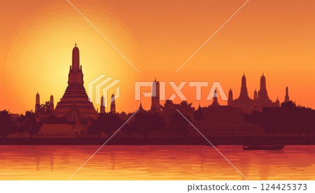 Thai silhouette background featuring Wat Arun and palm trees with a warm gradient sky 124425373