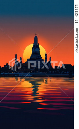 Thai silhouette background featuring Wat Arun and palm trees with a warm gradient sky Thai silhouette background featuring Wat Arun and palm trees with a warm gradient sky 124425375