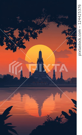 Thai silhouette background featuring Wat Arun and palm trees with a warm gradient sky Thai silhouette background featuring Wat Arun and palm trees with a warm gradient sky 124425376