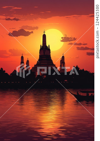 Thai silhouette background featuring Wat Arun and palm trees with a warm gradient sky 124425380