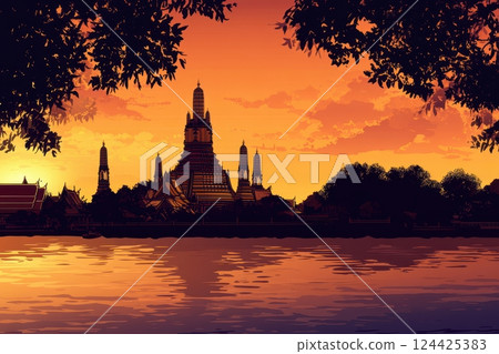 Thai silhouette background featuring Wat Arun and palm trees with a warm gradient sky Thai silhouette background featuring Wat Arun and palm trees with a warm gradient sky 124425383