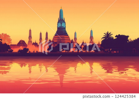 Thai silhouette background featuring Wat Arun and palm trees with a warm gradient sky Thai silhouette background featuring Wat Arun and palm trees with a warm gradient sky 124425384