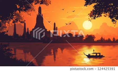 Thai silhouette background featuring Wat Arun and palm trees with a warm gradient sky Thai silhouette background featuring Wat Arun and palm trees with a warm gradient sky 124425391