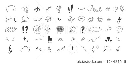 Anime Emotion effect icons. Manga doodle set. Comic emotion symbols. Hand drawn Vector illustration 124425646