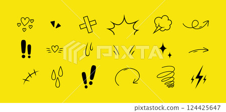 Anime Emotion effect icons. Manga doodle set. Comic emotion symbols. Hand drawn Vector illustration on yellow background 124425647