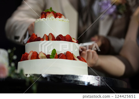 Bride's hands spooning wedding cake Bride's hands spooning wedding cake 124425651