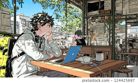 Freelancers and students working and studying in a cafe 124425697