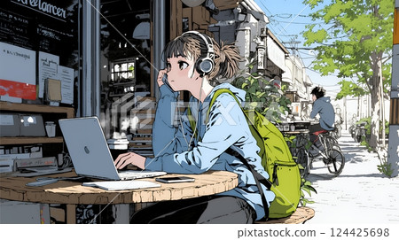 在咖啡館工作和學習的自由工作者和學生 124425698