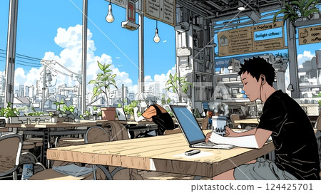 在咖啡館工作和學習的自由工作者和學生 在咖啡館工作和學習的自由工作者和學生 124425701