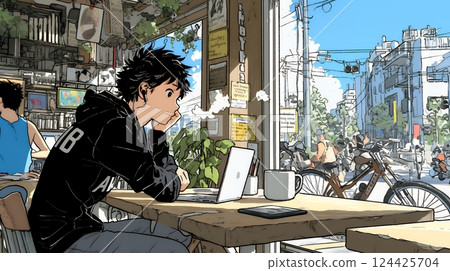 Freelancers and students working and studying in a cafe 124425704