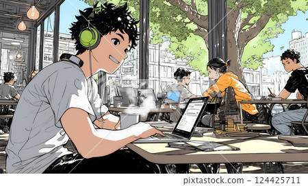 在咖啡館工作和學習的自由工作者和學生 在咖啡館工作和學習的自由工作者和學生 124425711