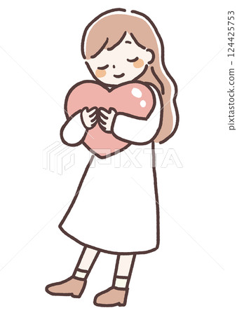 Illustration of a woman hugging a heart - Mental care Illustration of a woman hugging a heart - Mental care 124425753